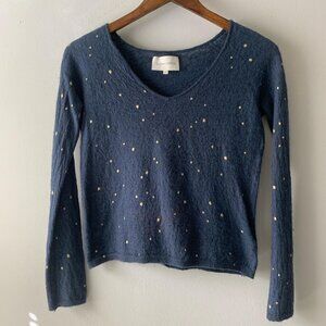 Sud Express Navy Blue and Gold Star V Neck Lightweight Knit Sweater Size M